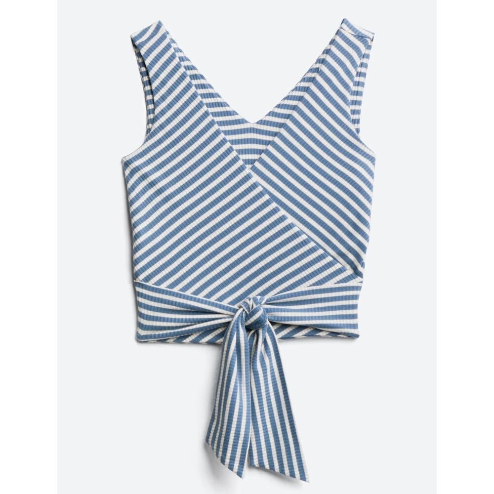 Dee Elly Blue & White Striped Wrap Crop Top Ribbed Sleeveless M